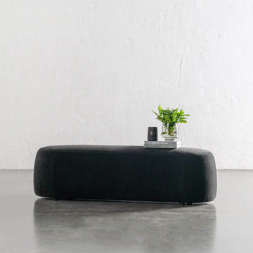 CARSON CURVED SLIM BENCH OTTOMAN | LG 160CM | NOIR BLACK TEXTURED VELOUR
