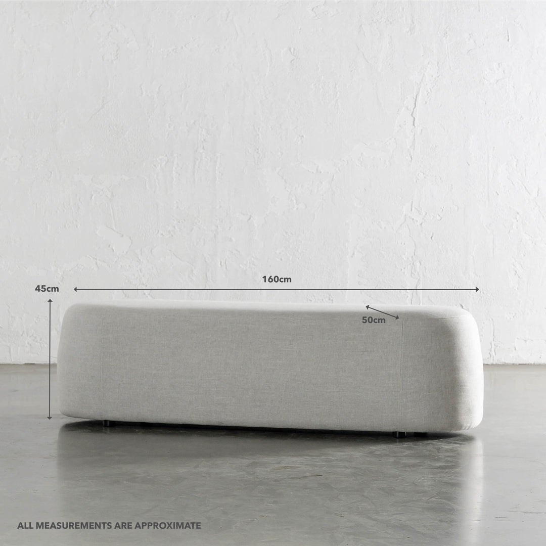 CARSON CURVED SLIM BENCH OTTOMAN  |  LG 160CM  |  JOVAN DOVE NATURAL | MEASUREMENTS