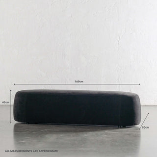 CARSON CURVED SLIM BENCH OTTOMAN | LG 160CM | NOIR BLACK TEXTURED VELOUR | MEASUREMENTS