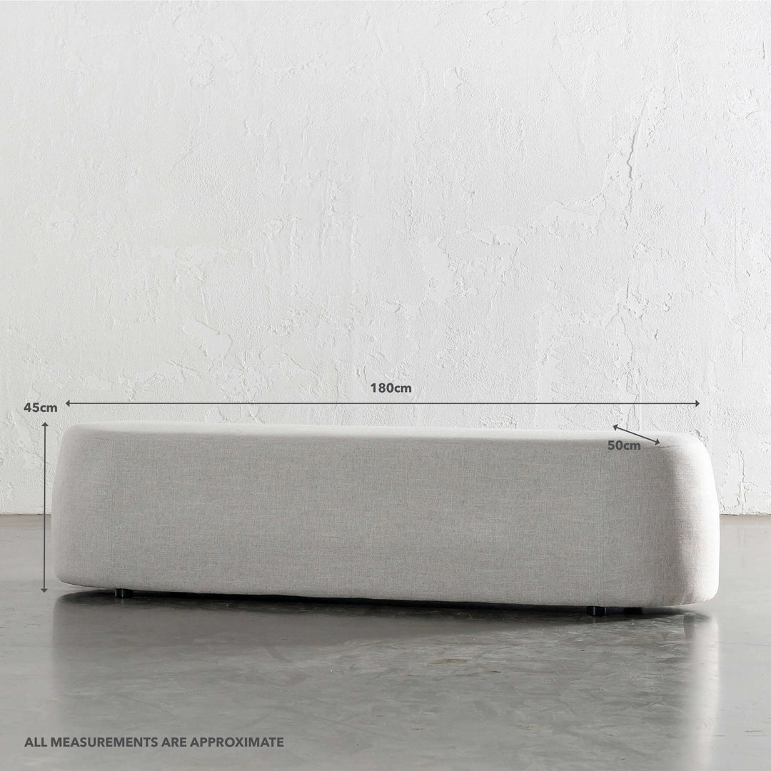 CARSON CURVED SLIM BENCH OTTOMAN | XL 180CM | JOVAN DOVE NATURAL | MEASUREMENTS