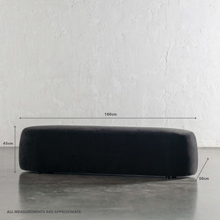 CARSON CURVED SLIM BENCH OTTOMAN | XL 180CM | NOIR BLACK TEXTURED VELOUR | MEASUREMENTS