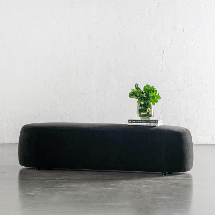 CARSON CURVED SLIM BENCH OTTOMAN | XL 180CM | NOIR BLACK TEXTURED VELOUR