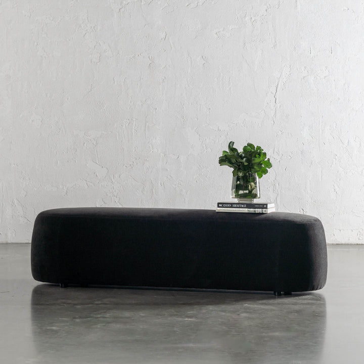 CARSON CURVED SLIM BENCH OTTOMAN | XL 180CM | NOIR BLACK TEXTURED VELOUR