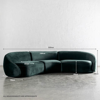 CARSON LINCOLN CURVED 3S SOFA  |  HIGHLAND GREEN VELVET | MEASUREMENTS