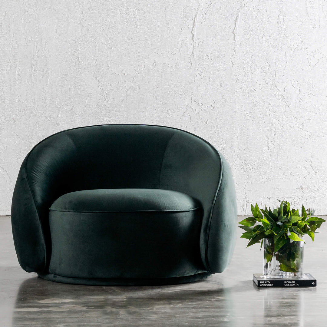 PRE ORDER  |  CARSON LINCOLN CURVED ARMCHAIR  |  HIGHLAND GREEN VELVET