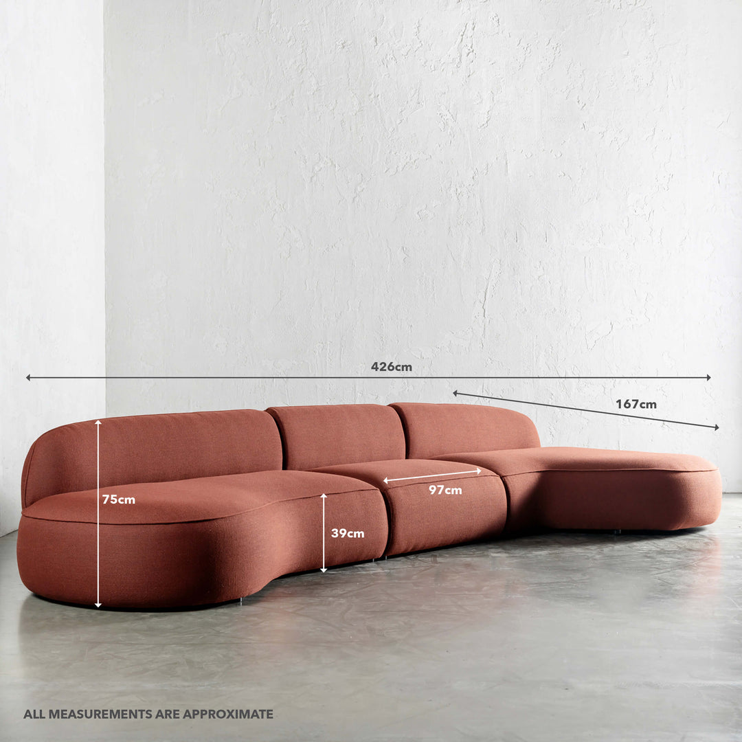 CARSON MODERNA CURVED MODULAR | 5 SEATER | BURNISHED TERRA WEAVE | MEASUREMENTS