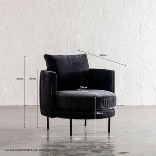 CARSON MODERNA CURVED RIBBED CHAIR | NOIR BLACK TEXTURED VELOUR | MEASUREMENTS