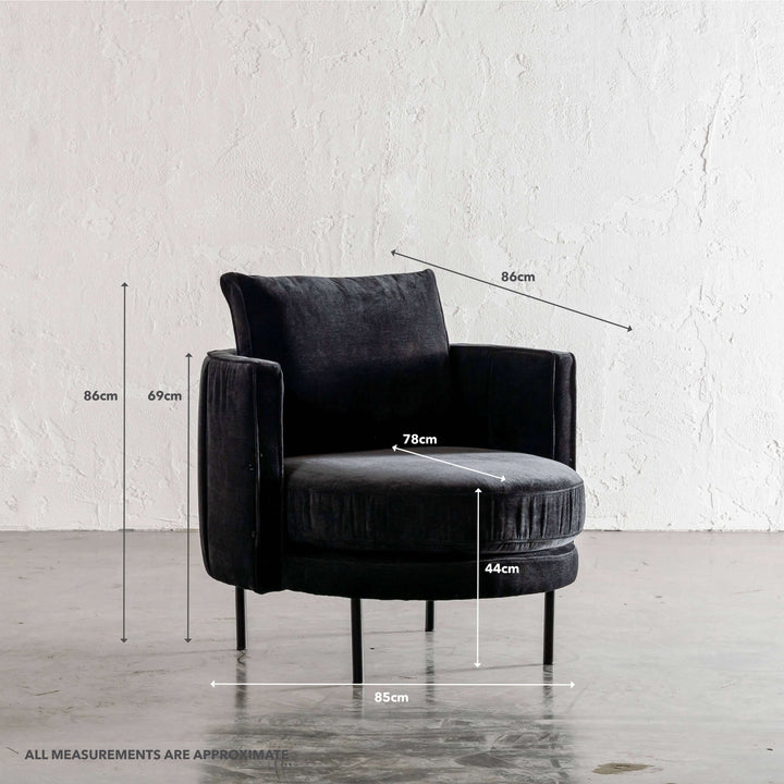 CARSON MODERNA CURVED RIBBED CHAIR | NOIR BLACK TEXTURED VELOUR | MEASUREMENTS