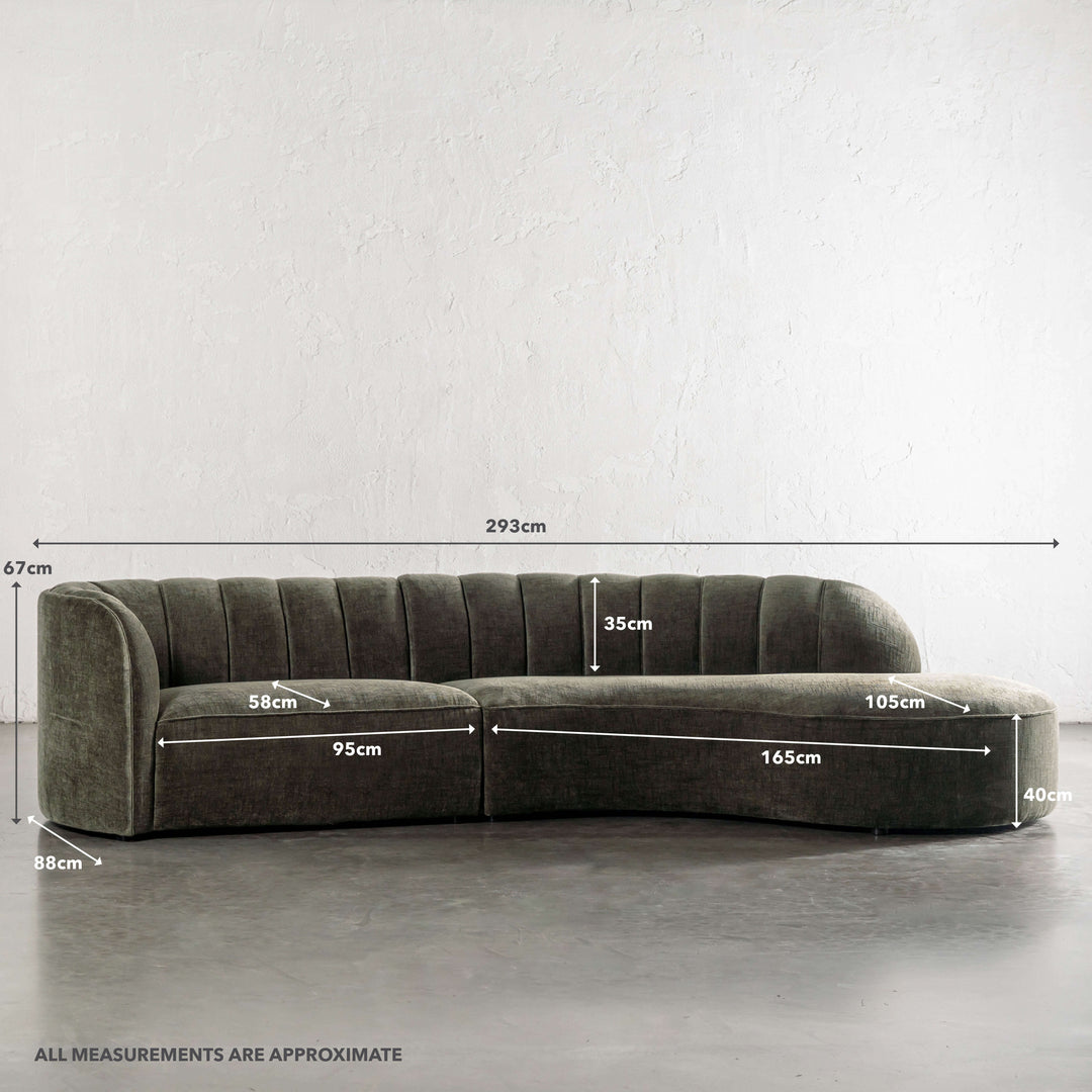 CARSON MODERNA CURVED RIBBED MODULAR SOFA  |  DEEP BRUNSWICK GREEN | EASUREMENTS