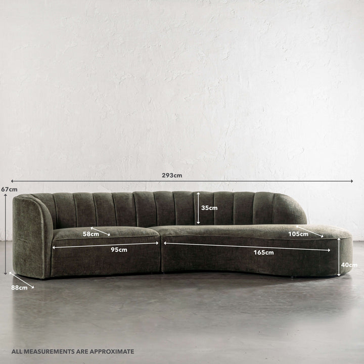 CARSON MODERNA CURVED RIBBED MODULAR SOFA  |  DEEP BRUNSWICK GREEN | EASUREMENTS