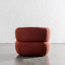 CARSON ROUNDED ARMCHAIR  |  BURNISHED TERRA WEAVE BACK VIEW