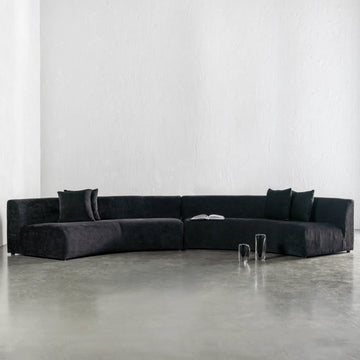 CARSON CONTEMPO CURVED 2 PCE SOFA  |  BLACK NOIR TEXTURED VELOUR