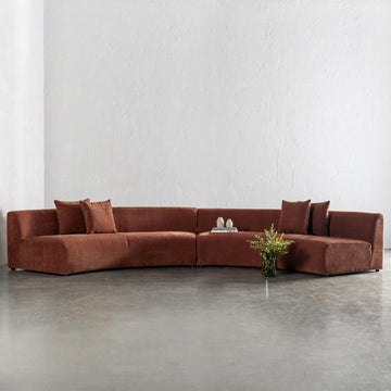 CARSON CONTEMPO CURVED 2 PCE SOFA  |  TERRA RUST TEXTURED VELOUR