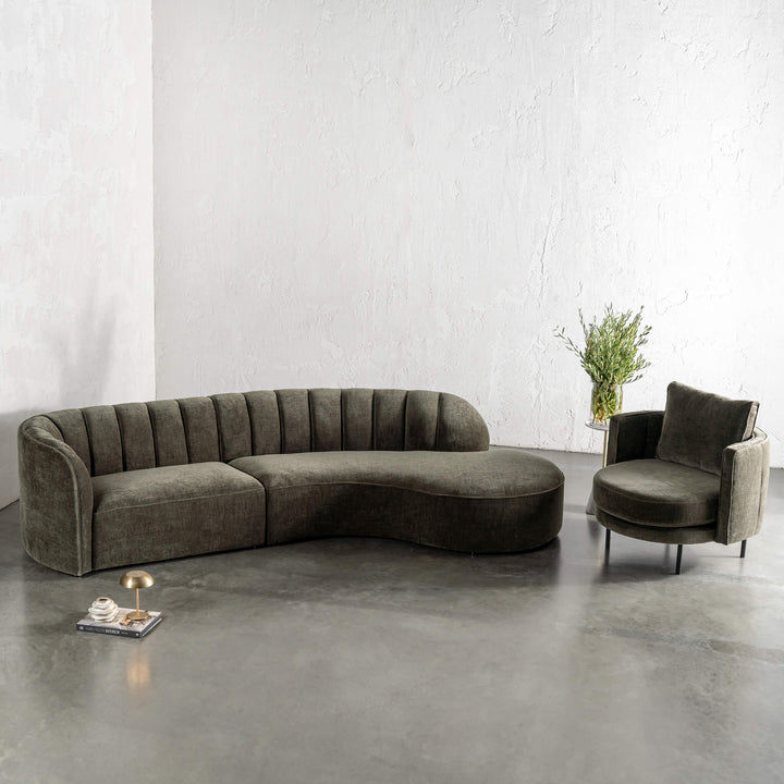 CARSON MODERNA CURVED RIBBED MODULAR SOFA + ARMCHAIR  |  DEEP BRUNSWICK GREEN
