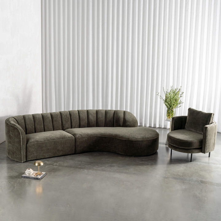 CARSON MODERNA CURVED RIBBED MODULAR SOFA + ARMCHAIR  |  DEEP BRUNSWICK GREEN