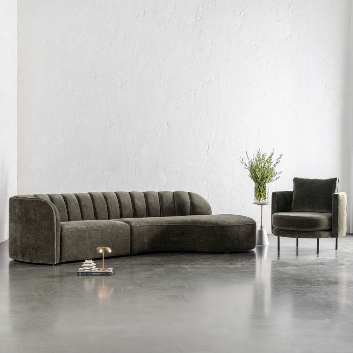 CARSON MODERNA CURVED RIBBED MODULAR SOFA + ARMCHAIR  |  DEEP BRUNSWICK GREEN