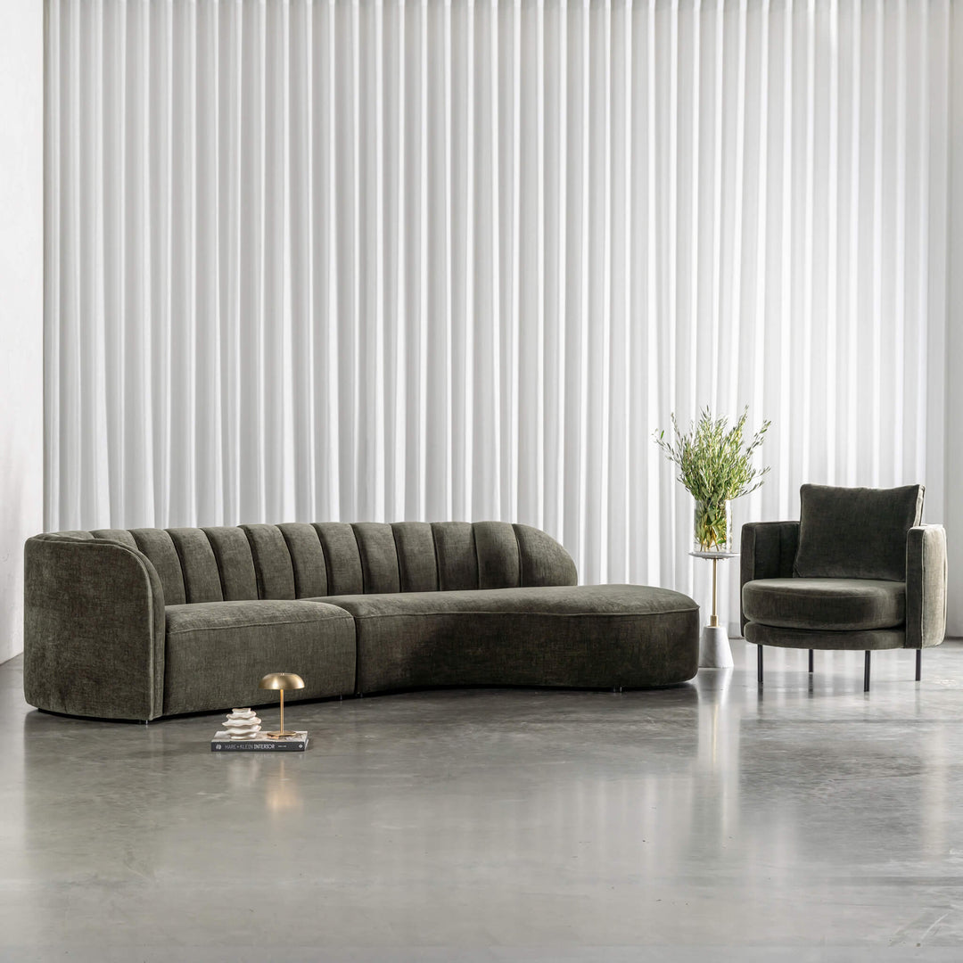 CARSON MODERNA CURVED RIBBED MODULAR SOFA + ARMCHAIR  |  DEEP BRUNSWICK GREEN