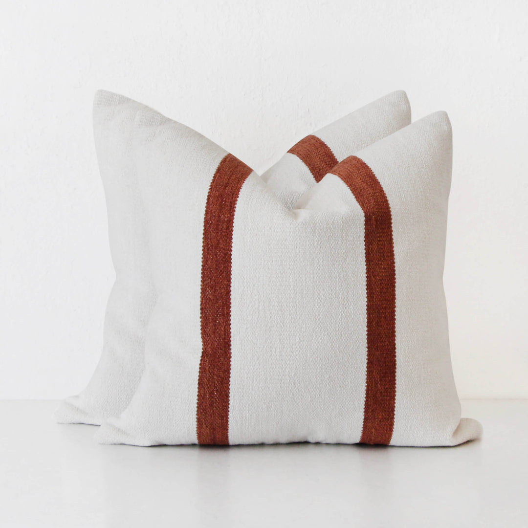 CASELLA HAND WOVEN CUSHION BUNDLE X2  |  50X50CM  |  WHITE BLANC + RUST STRIPE