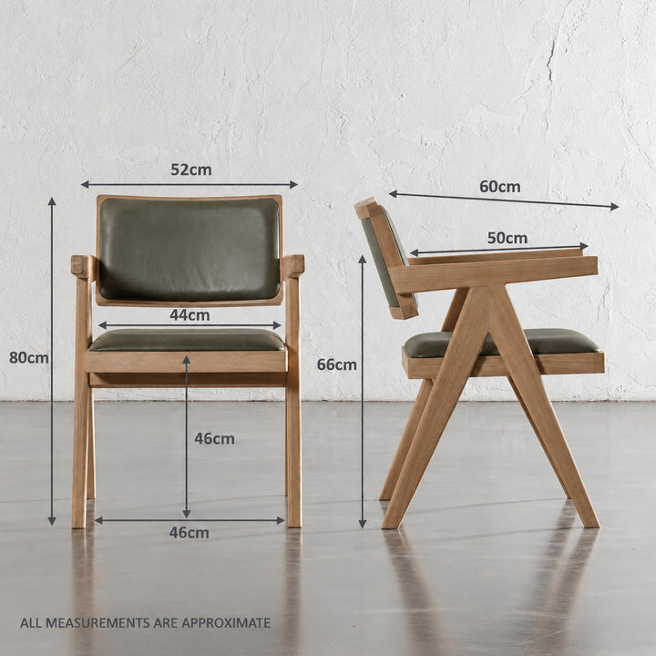 CASONI ARMED PADDED DINING CHAIR  |  SMOKE HAZE WASH TEAK + OLIVE LEAF LEATHER