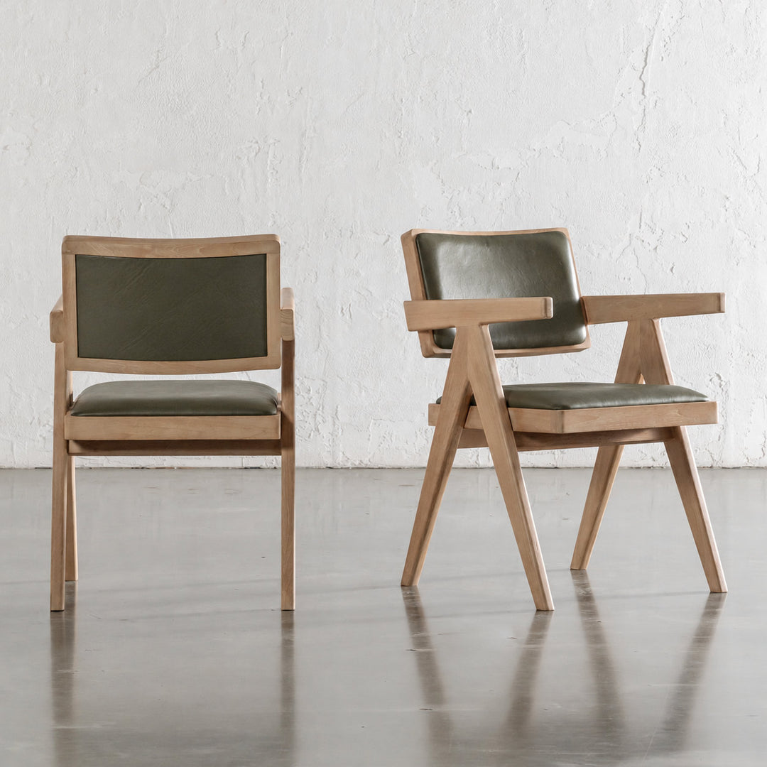 CASONI ARMED PADDED DINING CHAIR  |  SMOKE HAZE WASH TEAK + OLIVE LEAF LEATHER