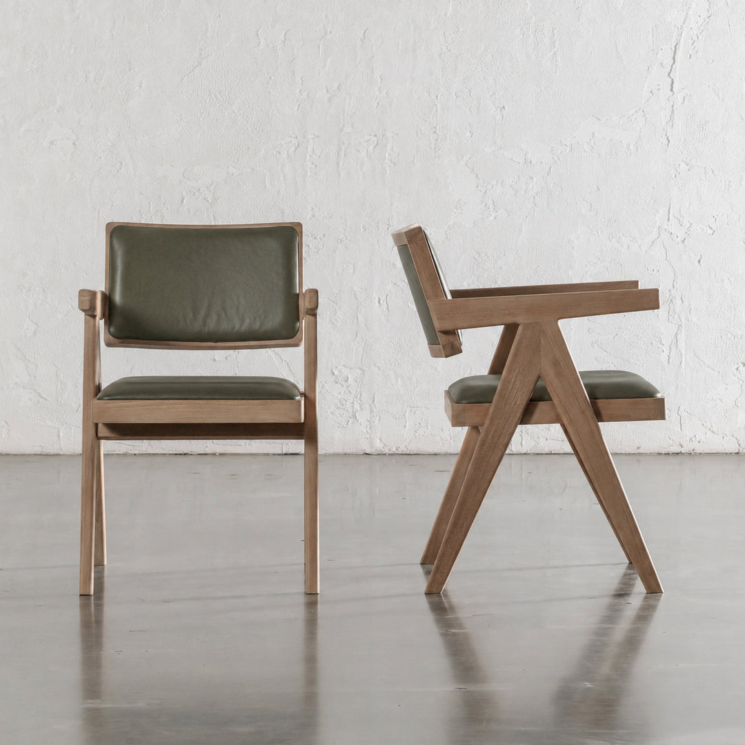 CASONI ARMED PADDED DINING CHAIR  |  SMOKE HAZE WASH TEAK + OLIVE LEAF LEATHER