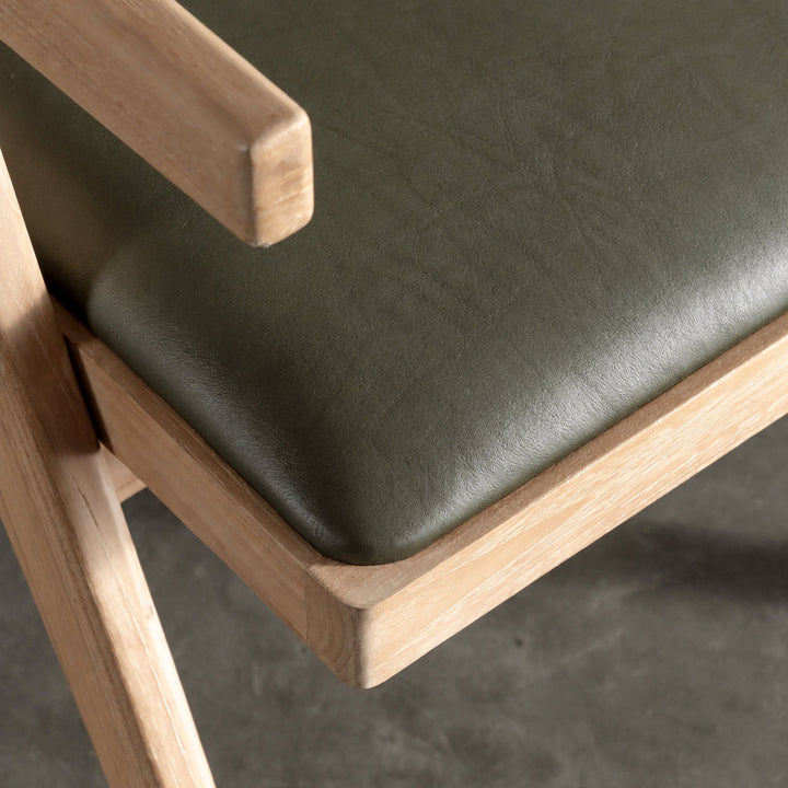 CASONI ARMED PADDED DINING CHAIR  |  SMOKE HAZE WASH TEAK + OLIVE LEAF LEATHER