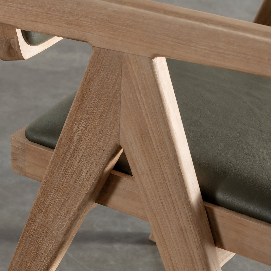 CASONI ARMED PADDED DINING CHAIR  |  SMOKE HAZE WASH TEAK + OLIVE LEAF LEATHER