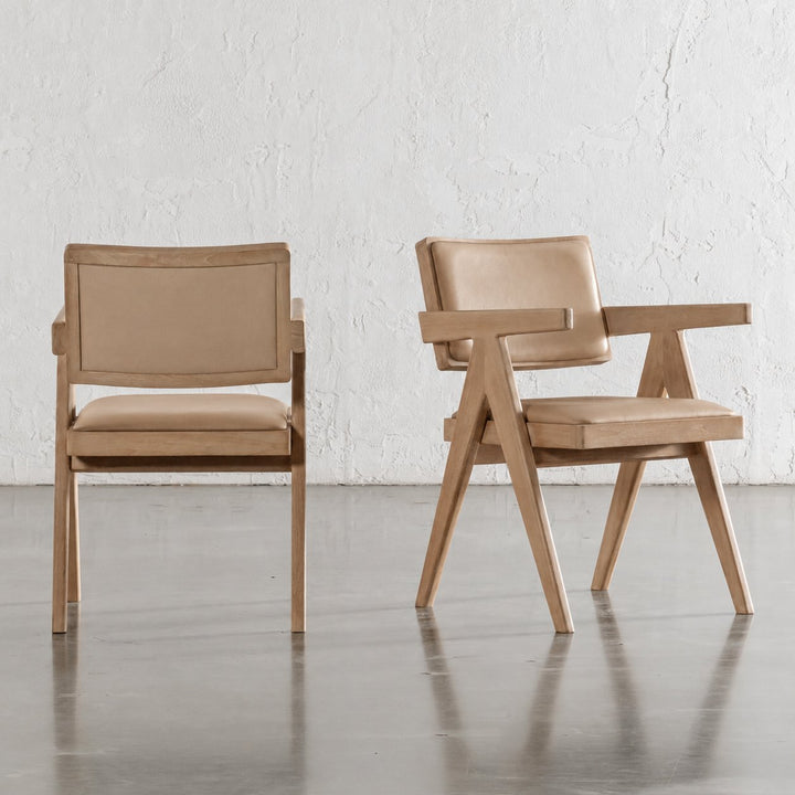 CASONI ARMED PADDED DINING CHAIR  |  SMOKE HAZE WASH TEAK + LIGHT TAUPE LEATHER