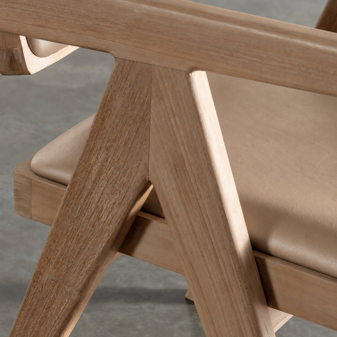 CASONI ARMED PADDED DINING CHAIR  |  SMOKE HAZE WASH TEAK + LIGHT TAUPE LEATHER