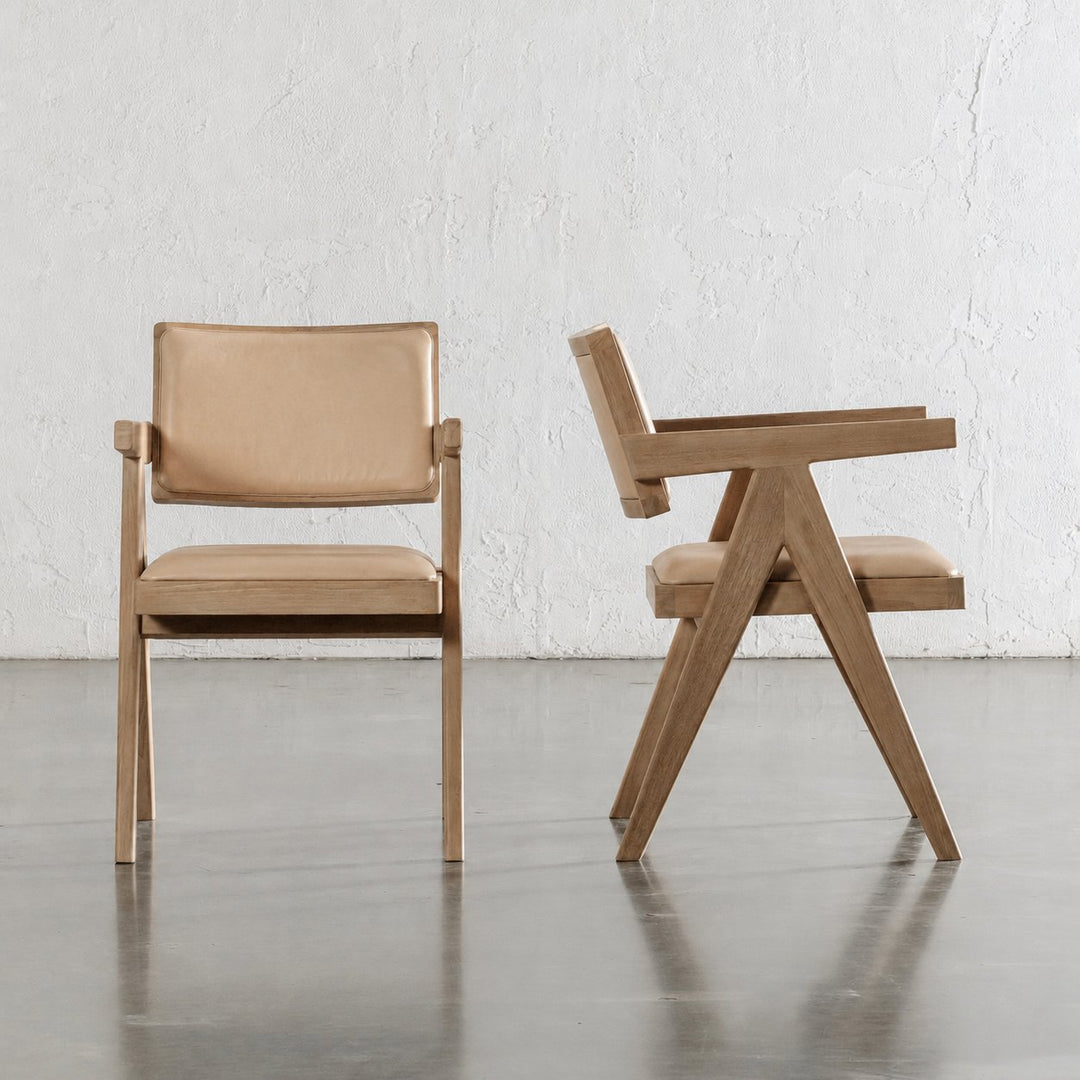 CASONI ARMED PADDED DINING CHAIR  |  SMOKE HAZE WASH TEAK + LIGHT TAUPE LEATHER