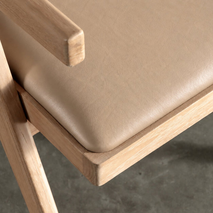 CASONI ARMED PADDED DINING CHAIR  |  SMOKE HAZE WASH TEAK + LIGHT TAUPE LEATHER