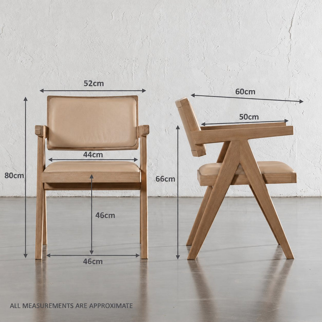 CASONI ARMED PADDED DINING CHAIR  |  SMOKE HAZE WASH TEAK + LIGHT TAUPE LEATHER