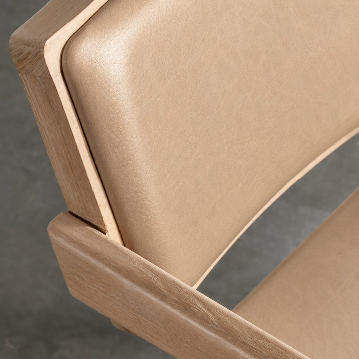 CASONI ARMED PADDED DINING CHAIR  |  SMOKE HAZE WASH TEAK + LIGHT TAUPE LEATHER