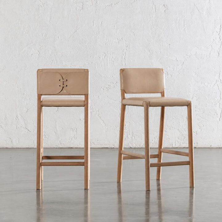 CASONI PADDED BAR CHAIR  |  SMOKE HAZE WASH TEAK + LIGHT TAUPE LEATHER