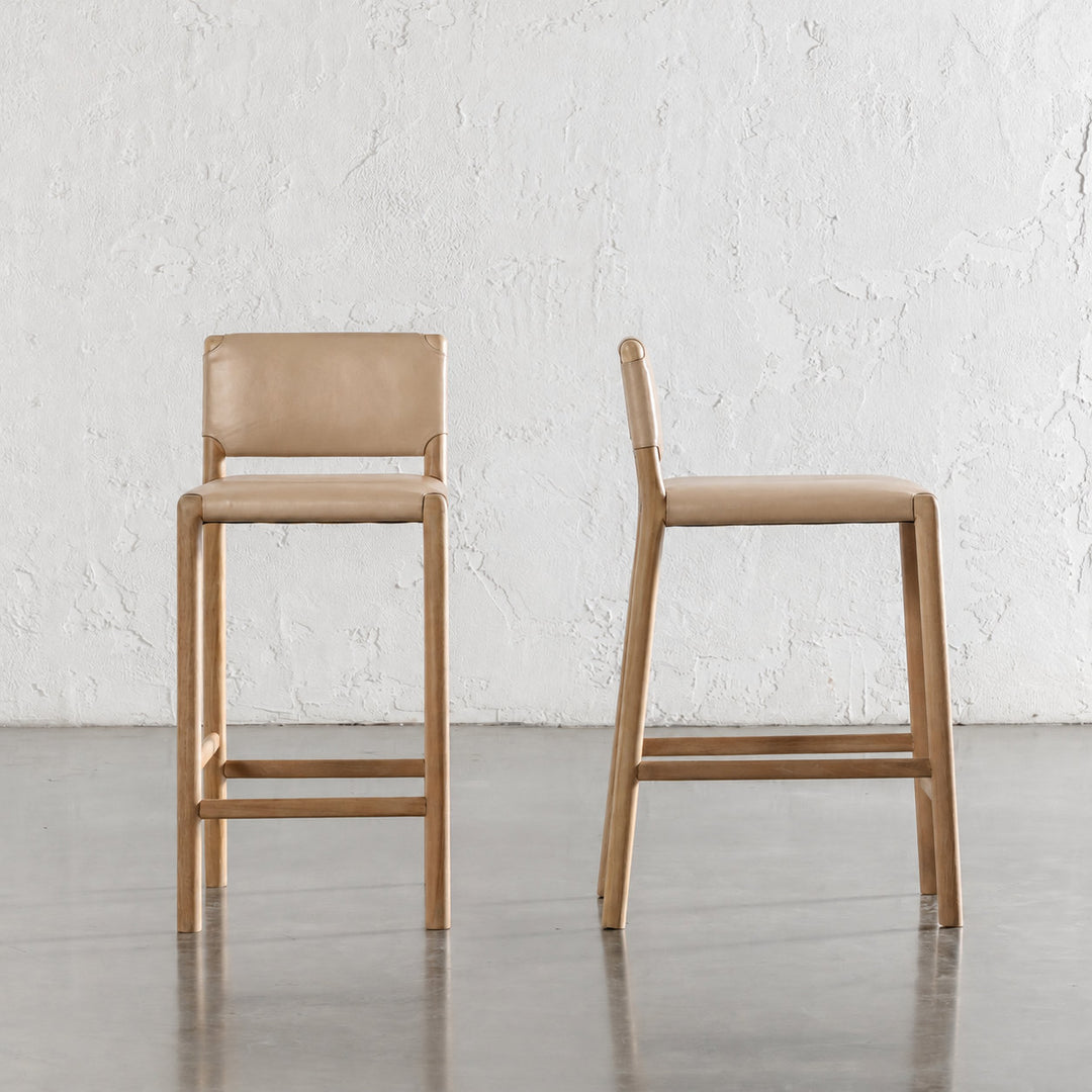CASONI PADDED BAR CHAIR  |  SMOKE HAZE WASH TEAK + LIGHT TAUPE LEATHER