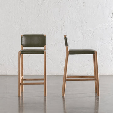 CASONI PADDED BAR CHAIR  |  SMOKE HAZE WASH TEAK + OLIVE LEAF LEATHER