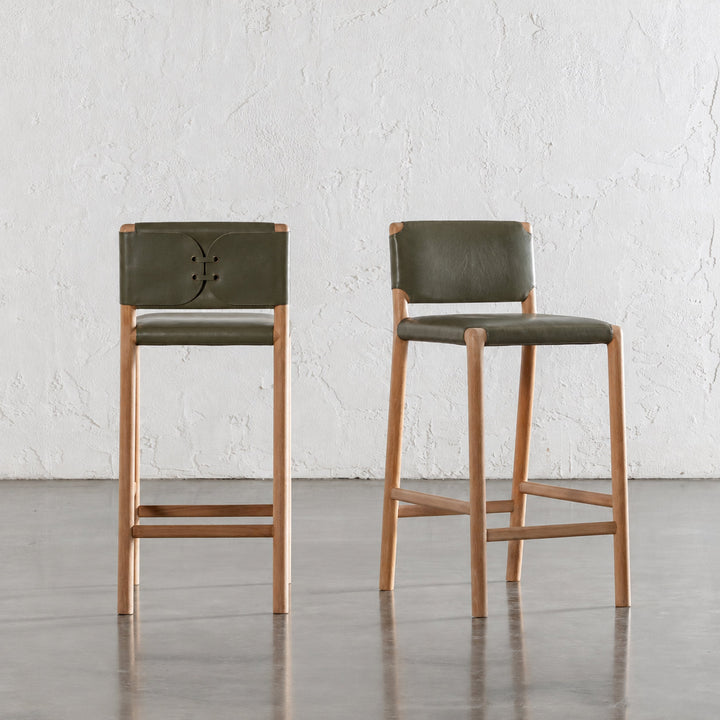 CASONI PADDED BAR CHAIR  |  SMOKE HAZE WASH TEAK + OLIVE LEAF LEATHER