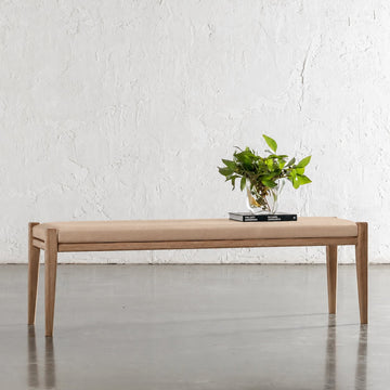 CASONI PADDED BENCH SEAT  |  SMOKE HAZE WASH TEAK + LIGHT TAUPE LEATHER