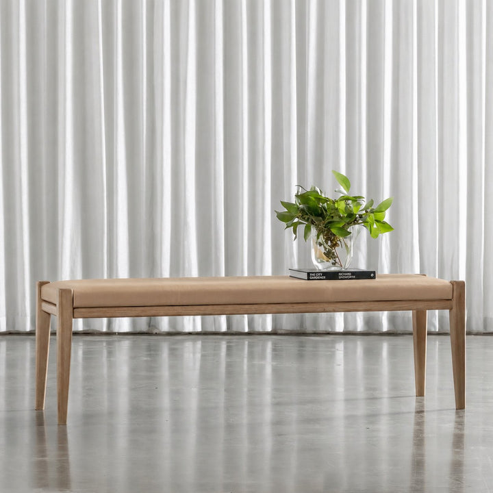 CASONI PADDED BENCH SEAT  |  SMOKE HAZE WASH TEAK + LIGHT TAUPE LEATHER