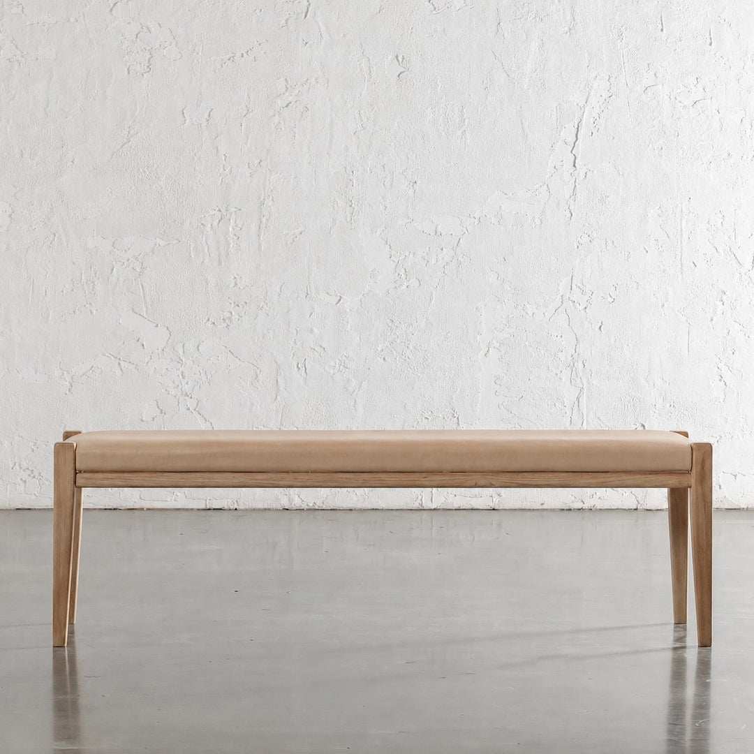 CASONI PADDED BENCH SEAT  |  SMOKE HAZE WASH TEAK + LIGHT TAUPE LEATHER