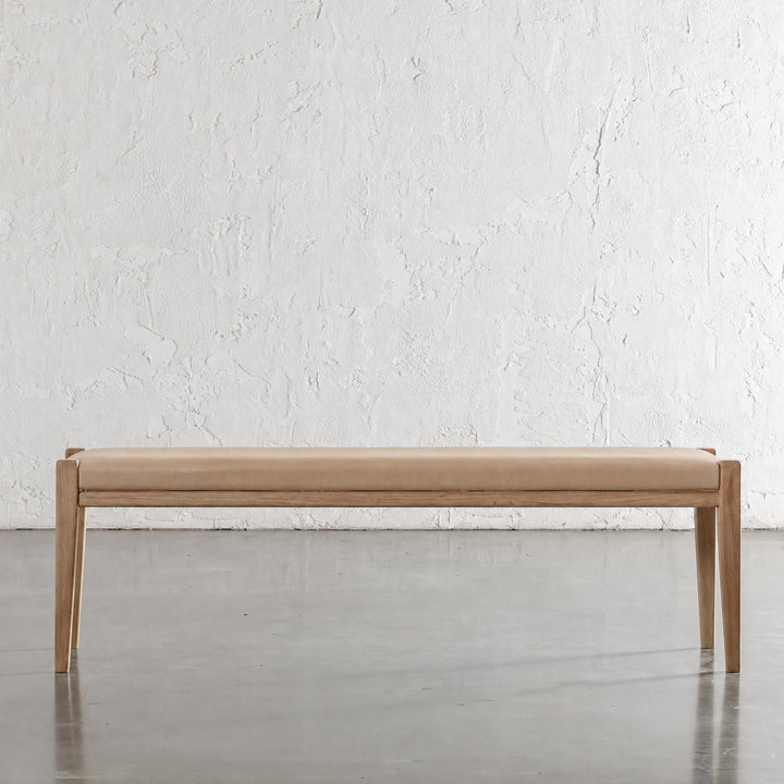 CASONI PADDED BENCH SEAT  |  SMOKE HAZE WASH TEAK + LIGHT TAUPE LEATHER
