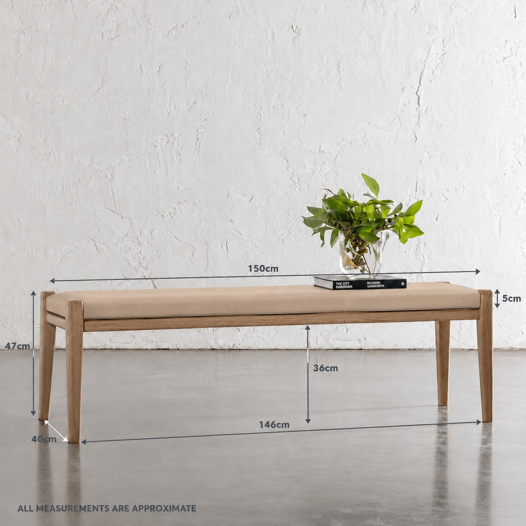 CASONI PADDED BENCH SEAT  |  SMOKE HAZE WASH TEAK + LIGHT TAUPE LEATHER