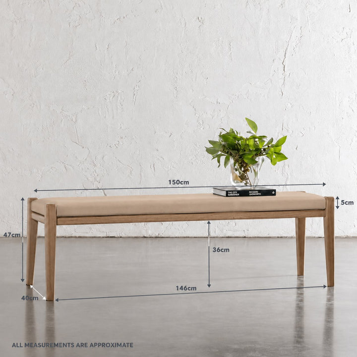 CASONI PADDED BENCH SEAT  |  SMOKE HAZE WASH TEAK + LIGHT TAUPE LEATHER