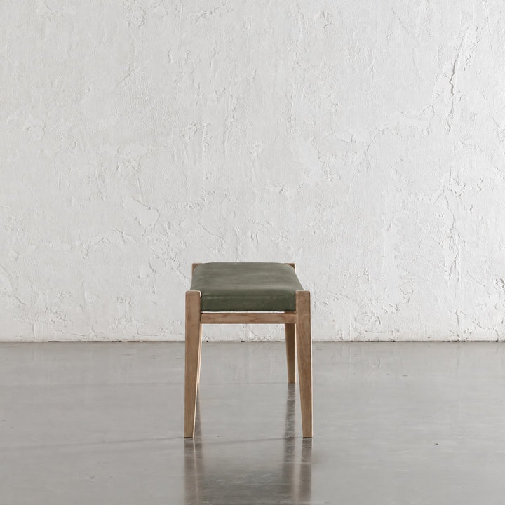 CASONI PADDED BENCH SEAT  |  SMOKE HAZE WASH TEAK + OLIVE LEAF LEATHER