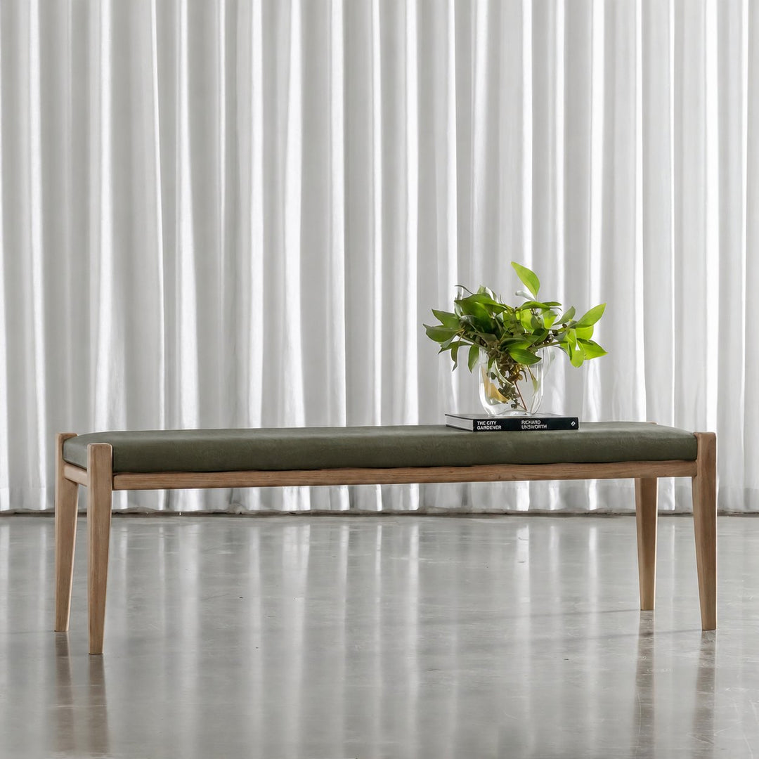 CASONI PADDED BENCH SEAT  |  SMOKE HAZE WASH TEAK + OLIVE LEAF LEATHER