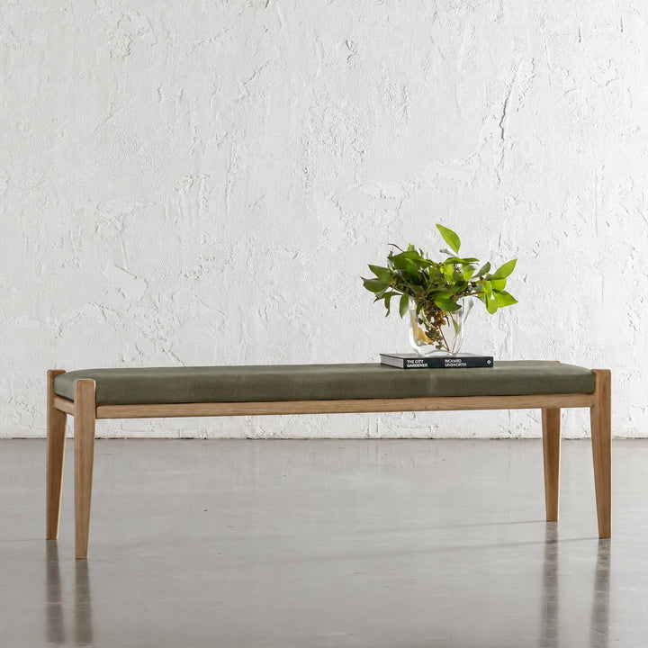 CASONI PADDED BENCH SEAT  |  SMOKE HAZE WASH TEAK + OLIVE LEAF LEATHER