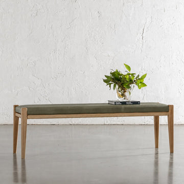 CASONI PADDED BENCH SEAT  |  SMOKE HAZE WASH TEAK + OLIVE LEAF LEATHER