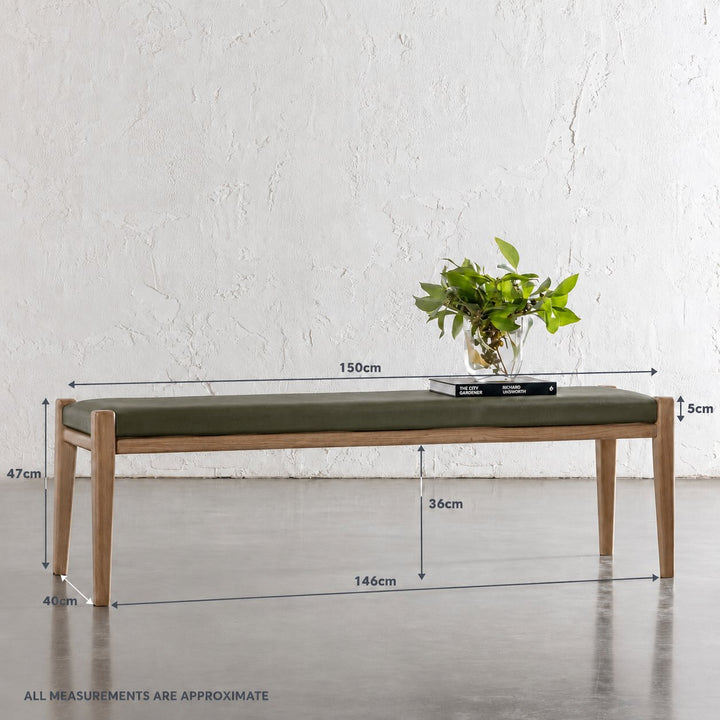 CASONI PADDED BENCH SEAT  |  SMOKE HAZE WASH TEAK + OLIVE LEAF LEATHER
