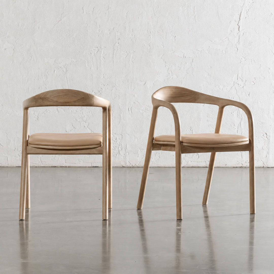 CASONI ROUNDED PADDED DINING CHAIR  |  SMOKE HAZE WASH TEAK + LIGHT TAUPE LEATHER