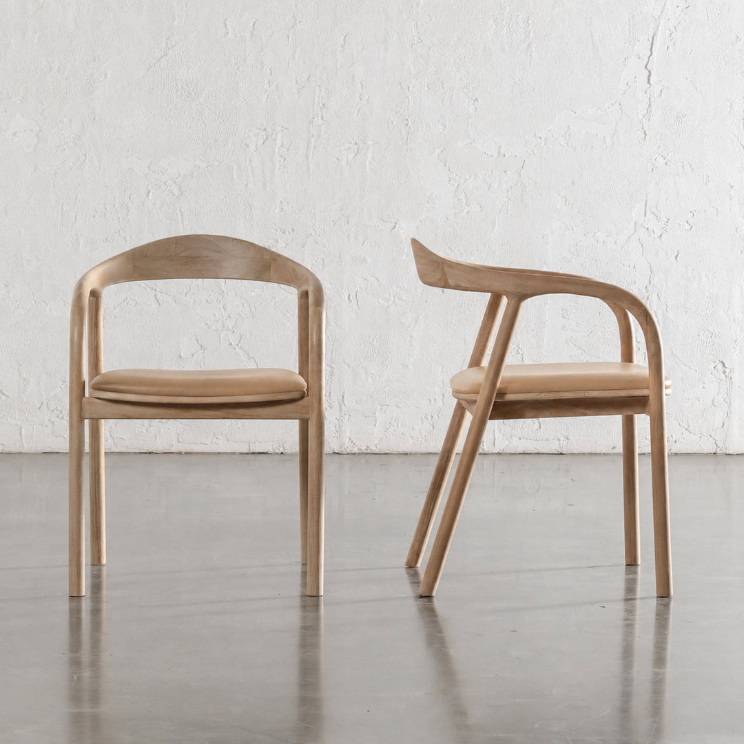 CASONI ROUNDED PADDED DINING CHAIR  |  SMOKE HAZE WASH TEAK + LIGHT TAUPE LEATHER